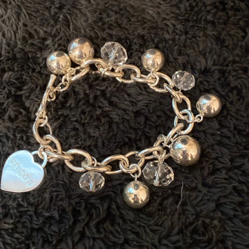 Chicos Silvertone Ball and Crystal Beaded Link Toggle Clasp Bracelet